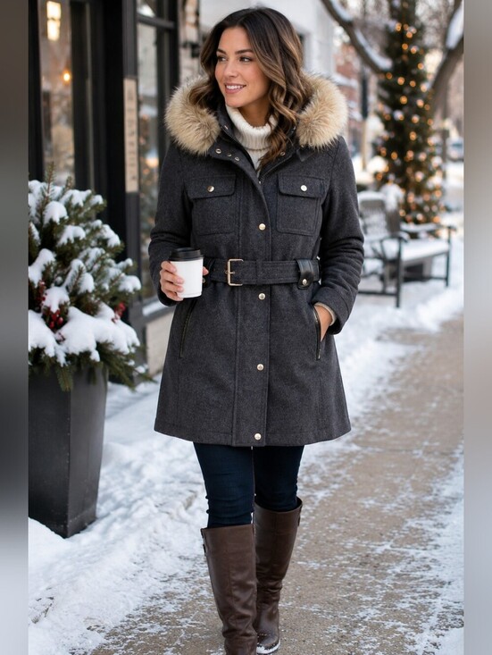 Laundry by Design Jackets & Blazers - Laundry by Design Wool Blend Coat Faux Fur Hood Belted Gray Womens PM Petite Med